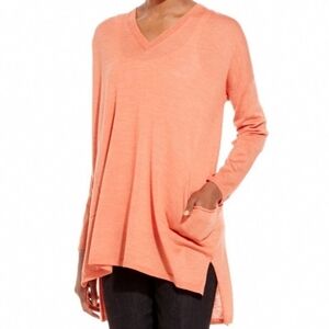 Eileen Fisher Merino Wool V-Neck Peach Sweater With Pockets
